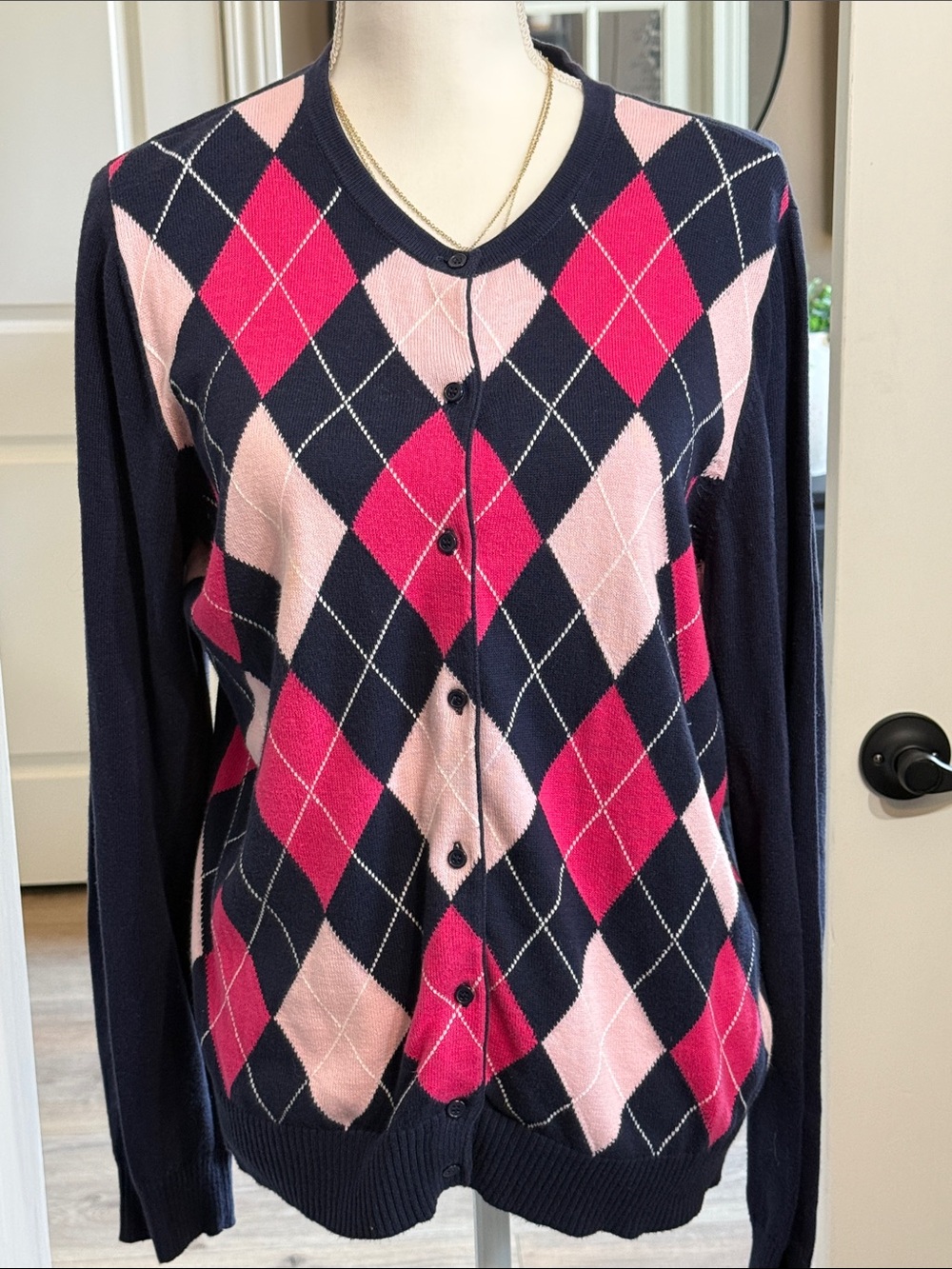 LIZ & CO Navy Pink Argyle Cardigan Sweater XL Academia Preppy Classic Grandpa